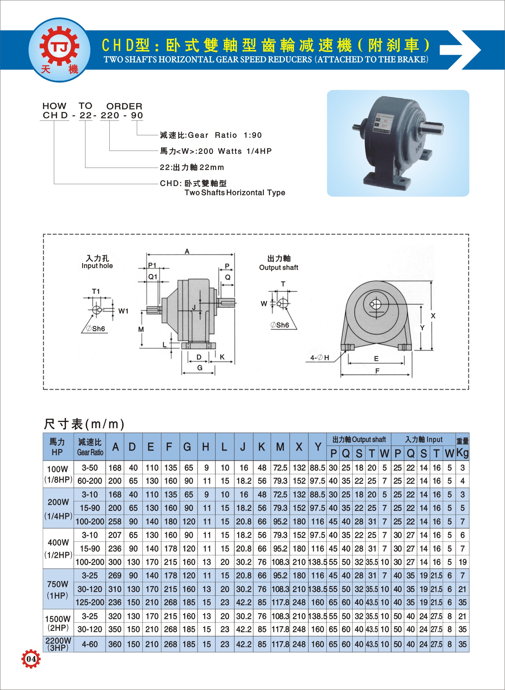 臥式雙軸齒輪減速機參數圖