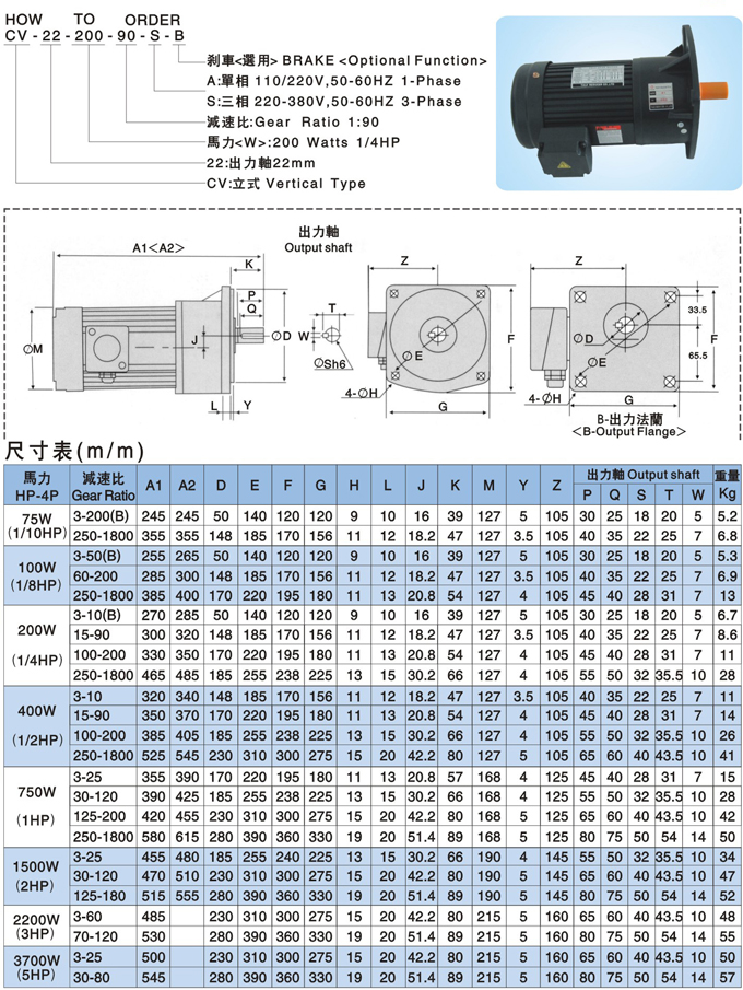 立式三相齒輪減速馬達,CV型單相齒輪減速馬達詳細參數